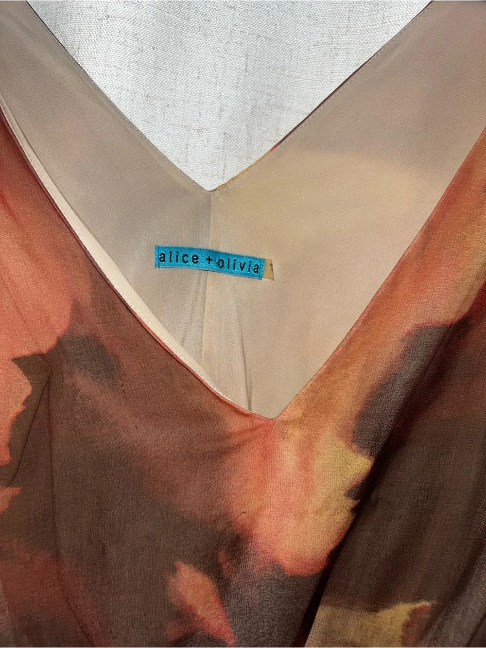 Alice + Olivia Sheer V-Neck Blouse in Rust, Brown, Gold Watercolor